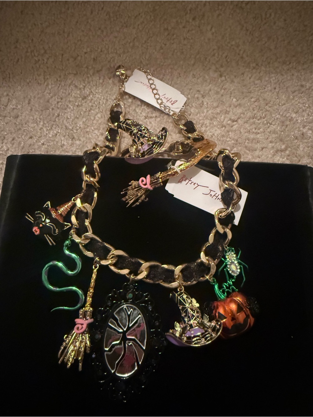 Betsey Johnson Halloween Charm Necklace with matching purple witch hat bracelet